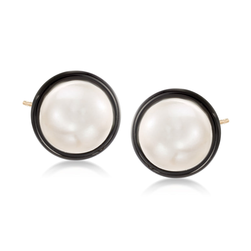 14kt yellow gold post earrings with white cultured pearls in black onyx bezels