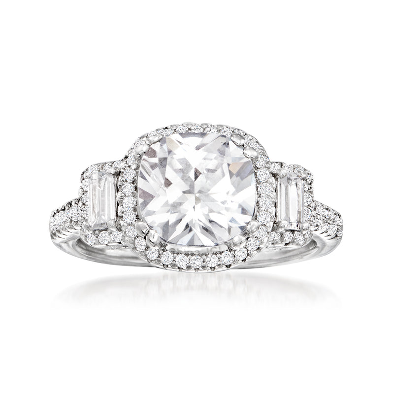 Sterling silver CZ ring with cushion-cut center stone and baguette side stones
