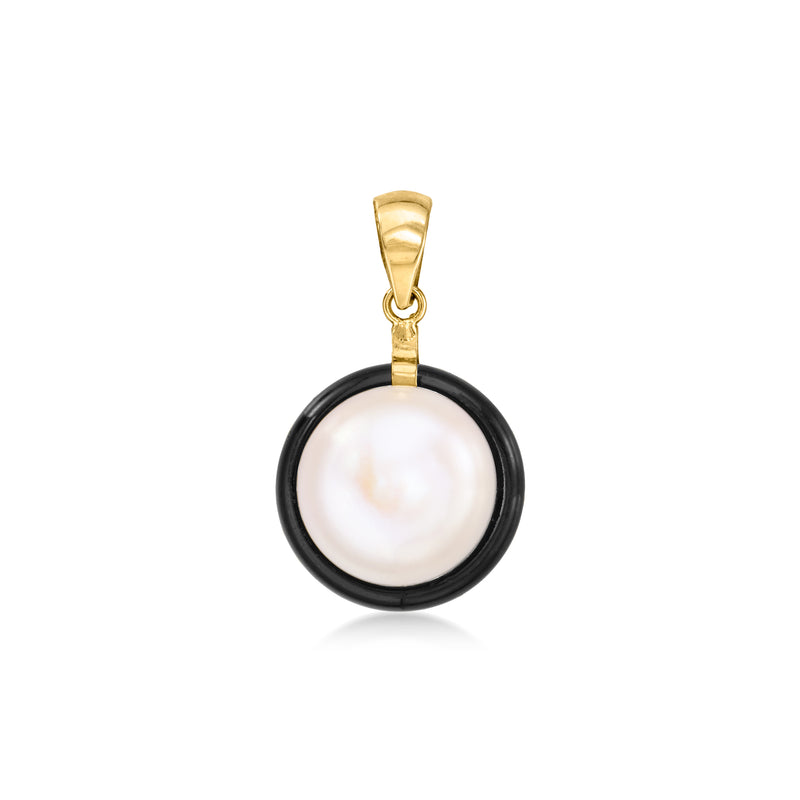 Round cultured pearl pendant in black onyx bezel with 14kt yellow gold bail