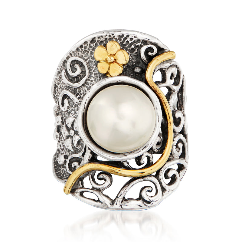 Sterling silver filigree ring with round cultured pearl and yellow gold floral detail