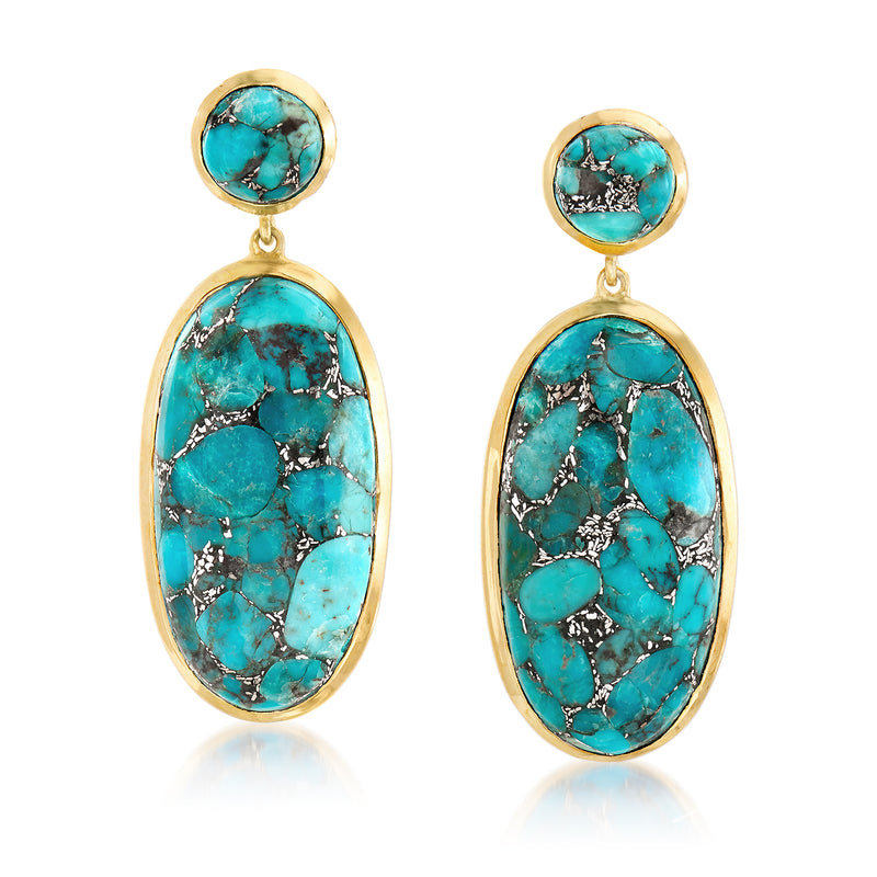 Turquoise mosaic drop earrings with gold-tone oval settings