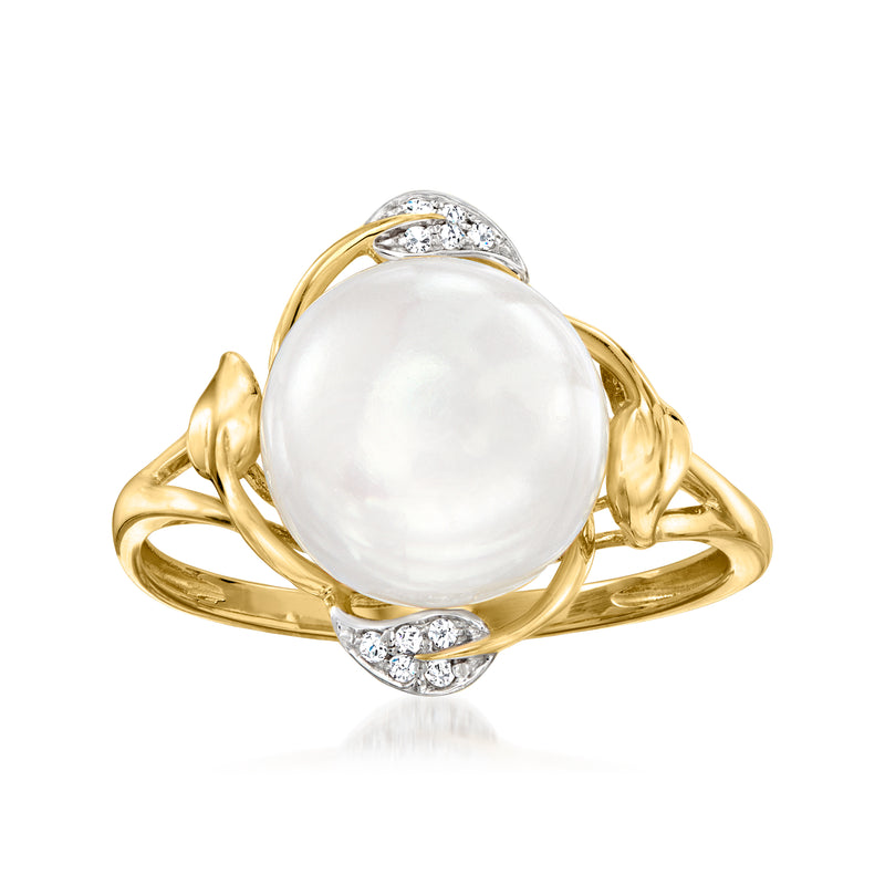 14kt yellow gold ring with 10-10.5mm cultured pearl and diamond leaf accents