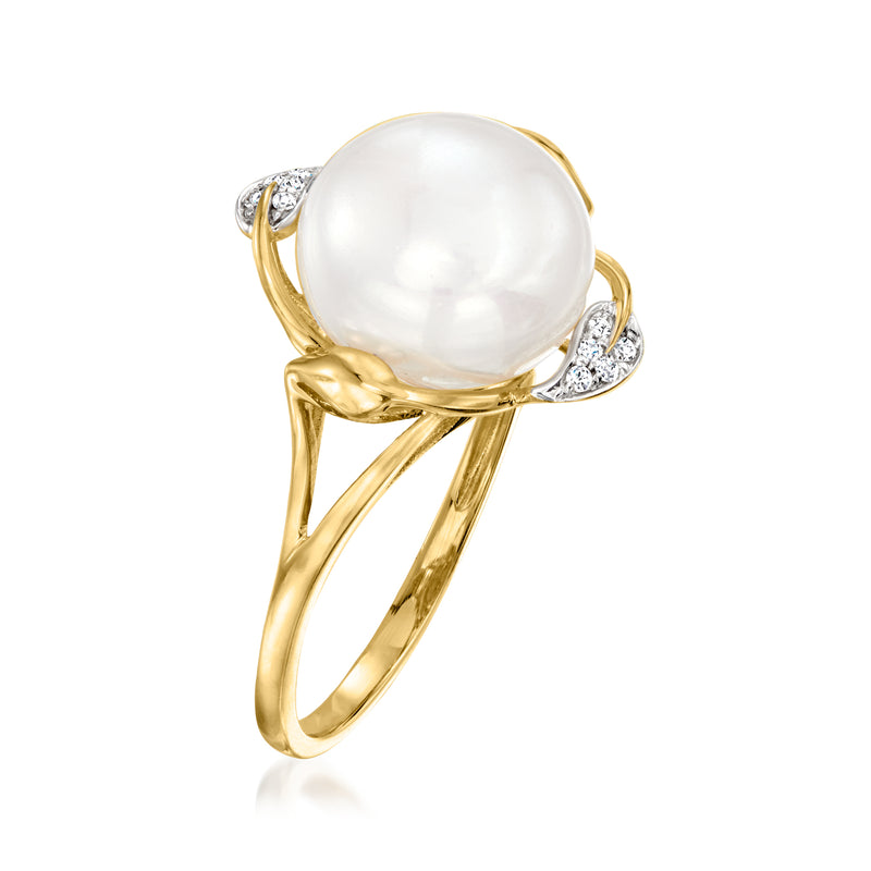 14kt yellow gold ring with large round cultured pearl and diamond leaf side details