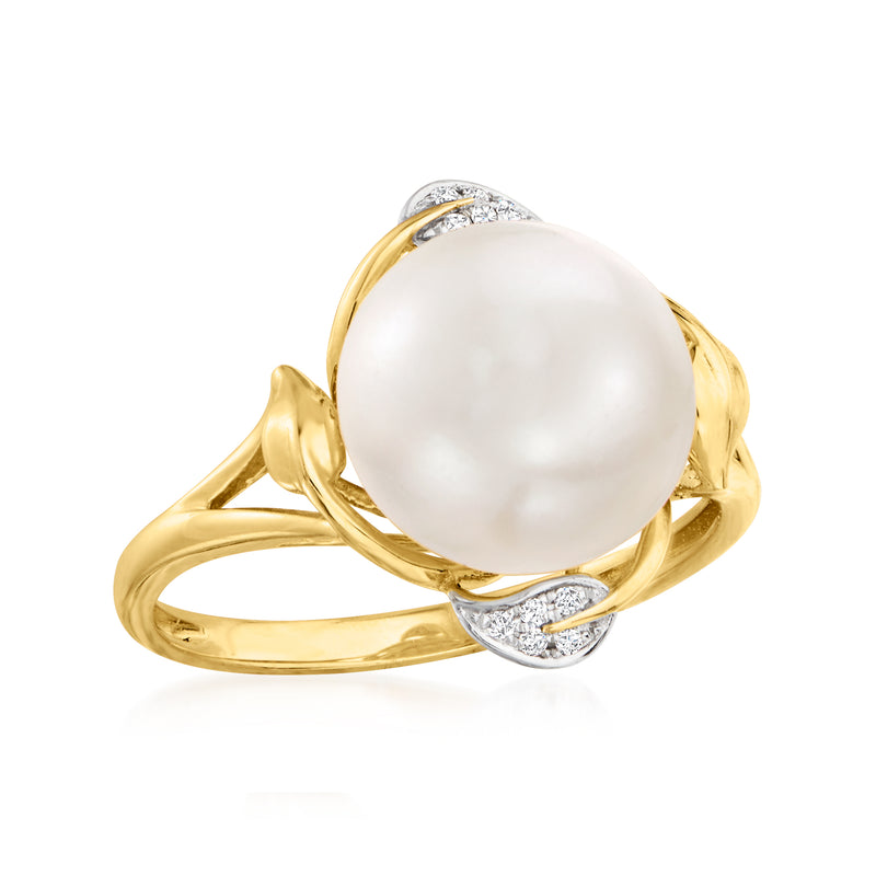 14kt yellow gold ring with cultured pearl center and diamond leaf-like settings