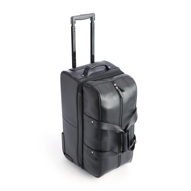 Black leather rolling suitcase with retractable handle and front organizer pockets