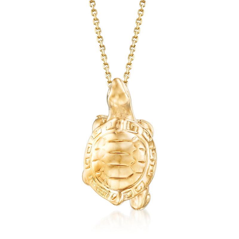 14kt yellow gold turtle pendant necklace, engraved turtle face on link chain