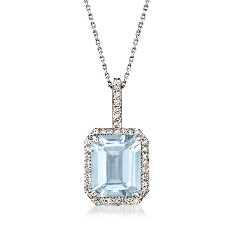 White gold pendant necklace with square aquamarine center and diamond halo, link chain
