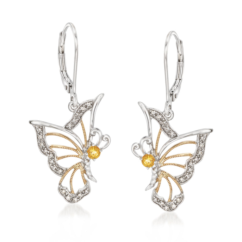 Butterfly leverback earrings in sterling silver and gold with citrine and diamond accents