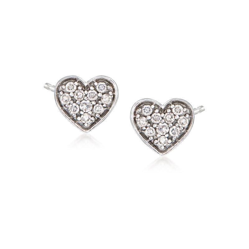 Heart-shaped white gold stud earrings with diamond accents and post backs