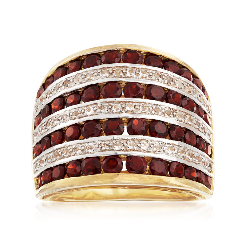 Multi-row garnet and white topaz ring in gold over sterling, three sparkling bands
