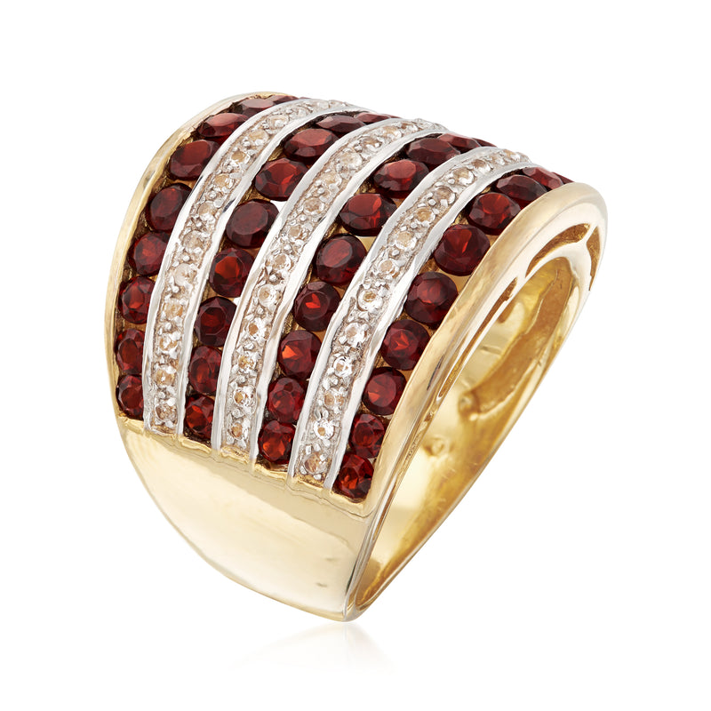 Gold over sterling multi-row band ring with dark red garnet rows and white stones