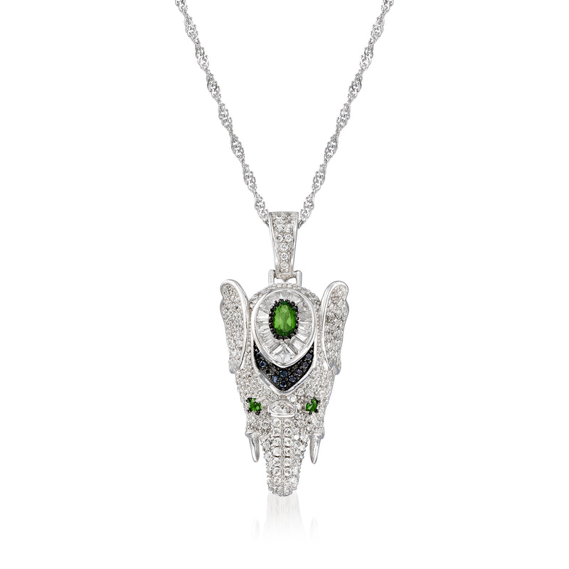 Sterling silver elephant pendant necklace with multigem stones and green center stone