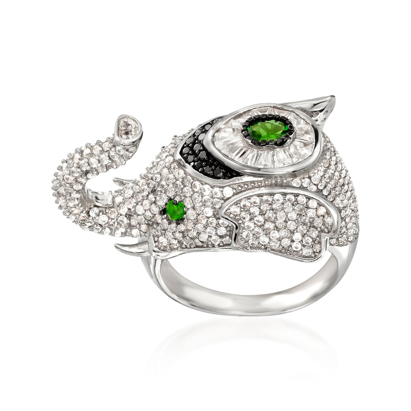 Sterling silver elephant ring with pavé stones and green gemstone accents
