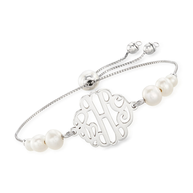 Sterling silver bolo bracelet with monogram pendant and white cultured pearls