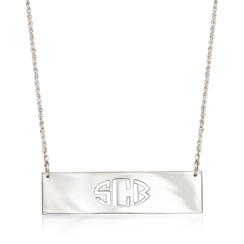 Sterling silver cutout monogram bar necklace with chain, rectangular pendant