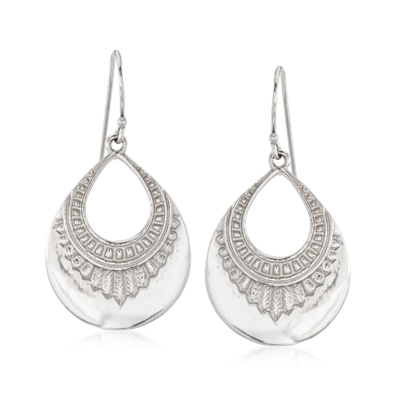 Sterling silver drop earrings with open teardrop design and engraved border