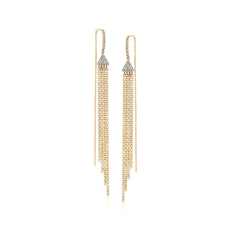 14kt yellow gold diamond triangle tassel threader earrings, dangling chain