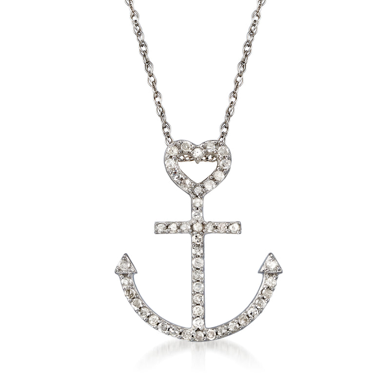 14kt white gold diamond heart and anchor pendant necklace with chain