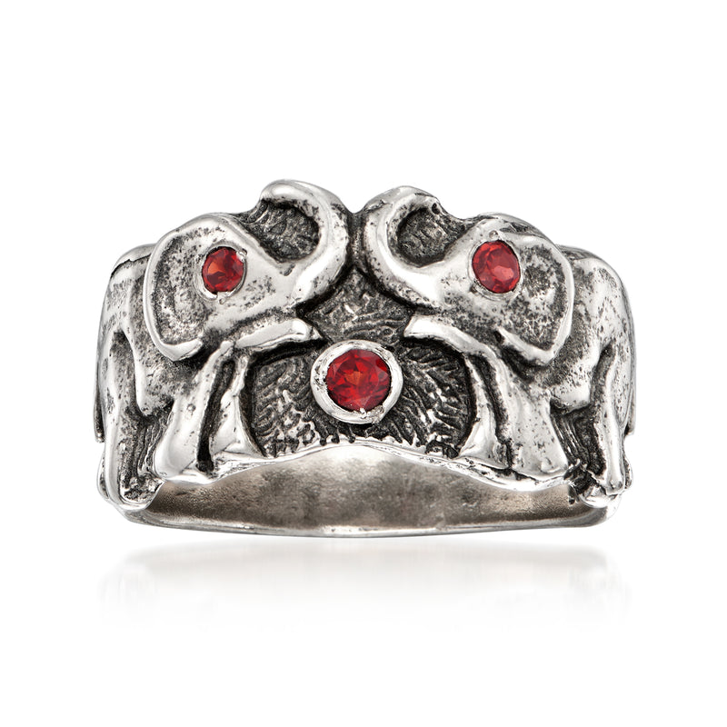 Sterling silver double-elephant ring with red garnet-style stones