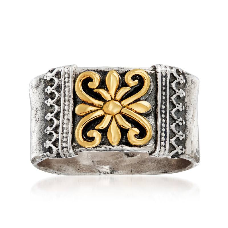 Sterling silver ring with 14kt yellow gold scroll centerpiece and ornate side details
