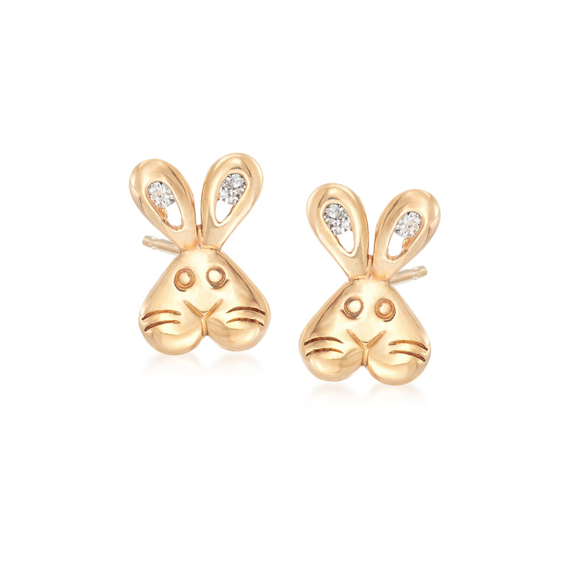 14kt yellow gold bunny stud earrings with CZ eyes and nose