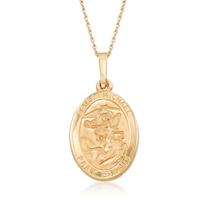 14kt yellow gold pendant necklace with oval Saint Michael medallion on cable chain