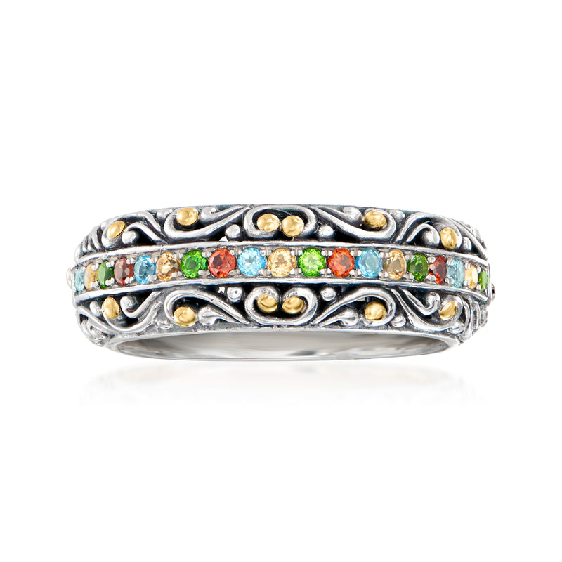 Bali-style multi-gemstone ring in sterling silver with yellow-gold accents and colorful stones