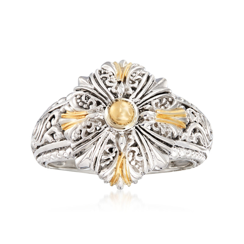 Sterling silver ring with 18kt yellow gold filigree and round center gemstone-like detail
