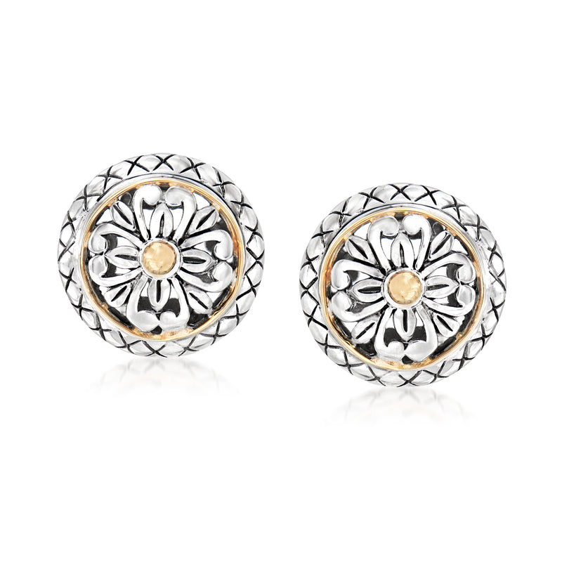 Round floral stud earrings in sterling silver with yellow gold center, post backs.