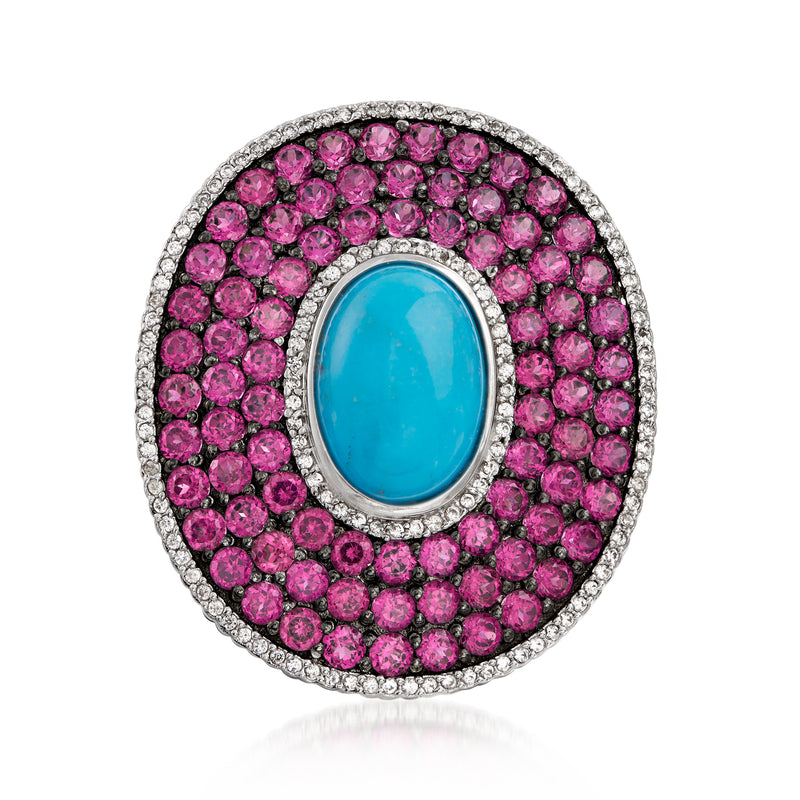 Oval turquoise center cabochon multi-gem frame ring with pink stones, sterling silver