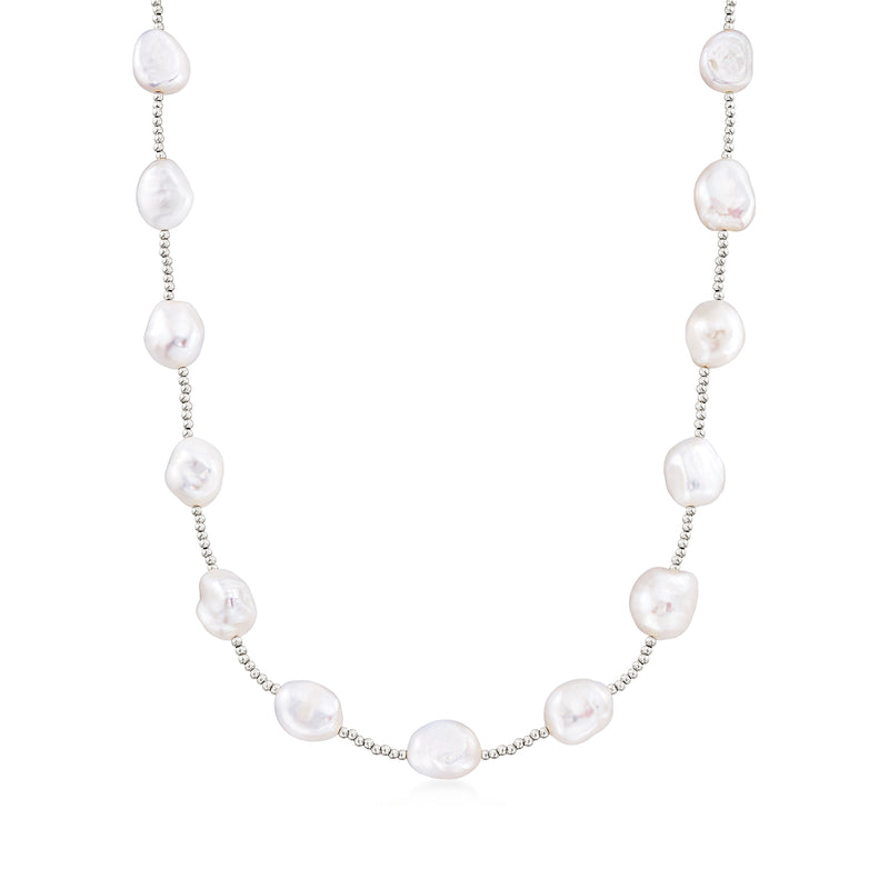 Sterling silver pearl station necklace with baroque cultured white pearls