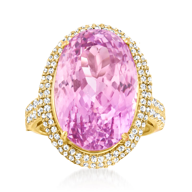 14kt yellow gold kunzite ring with oval pink gemstone and white zircon halo