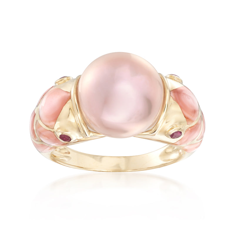 14kt gold fish ring with 11.5mm pink cultured pearl center and pink stone accents