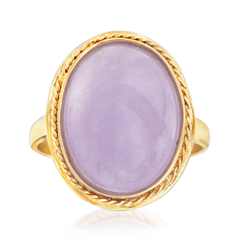 Oval lavender gemstone ring in 14kt yellow gold, ornate bezel setting