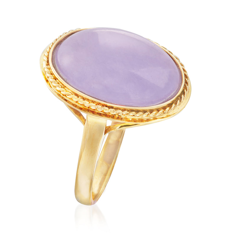Oval lavender gemstone ring, gold bezel edge, rounded yellow-gold band