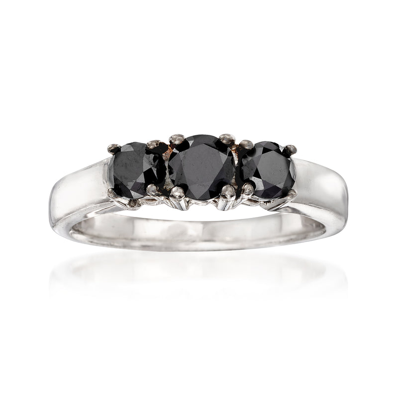 Sterling silver three-stone ring with dark round black diamonds, polished band