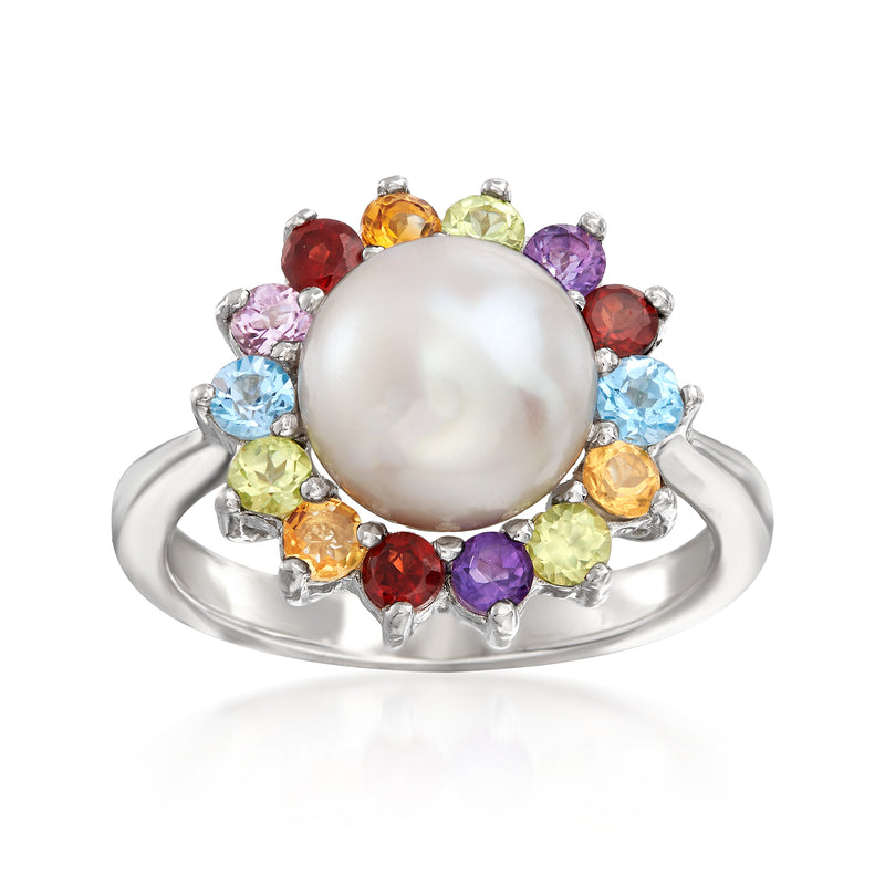 Sterling silver ring with large white cultured pearl and colorful multi-gemstones