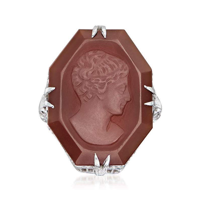 Red carnelian intaglio ring with profile cameo in octagonal 18kt white gold bezel