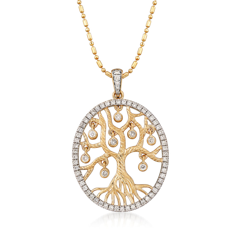 14kt yellow gold tree of life pendant necklace with diamond halo and round pendant