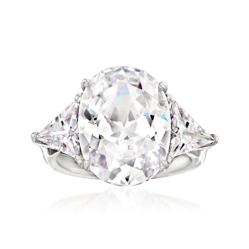 Sterling silver CZ ring with large oval center and triangular side stones