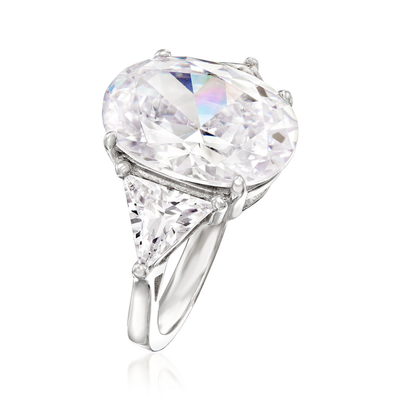 Sterling silver CZ ring angled view, oval center with triangular prong-set stones