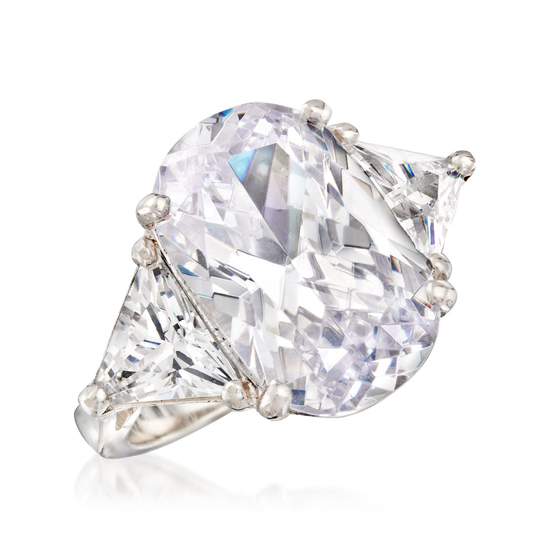 Sterling silver CZ ring close-up, large oval and side trillion-cut stones