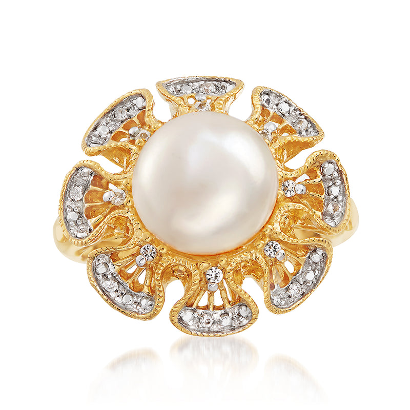 18kt gold over sterling ring with 10mm cultured pearl and white topaz halo
