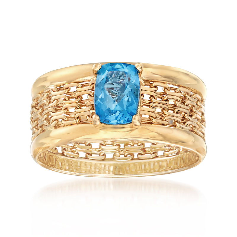 14kt yellow gold Bismark-link mesh ring with blue topaz center stone