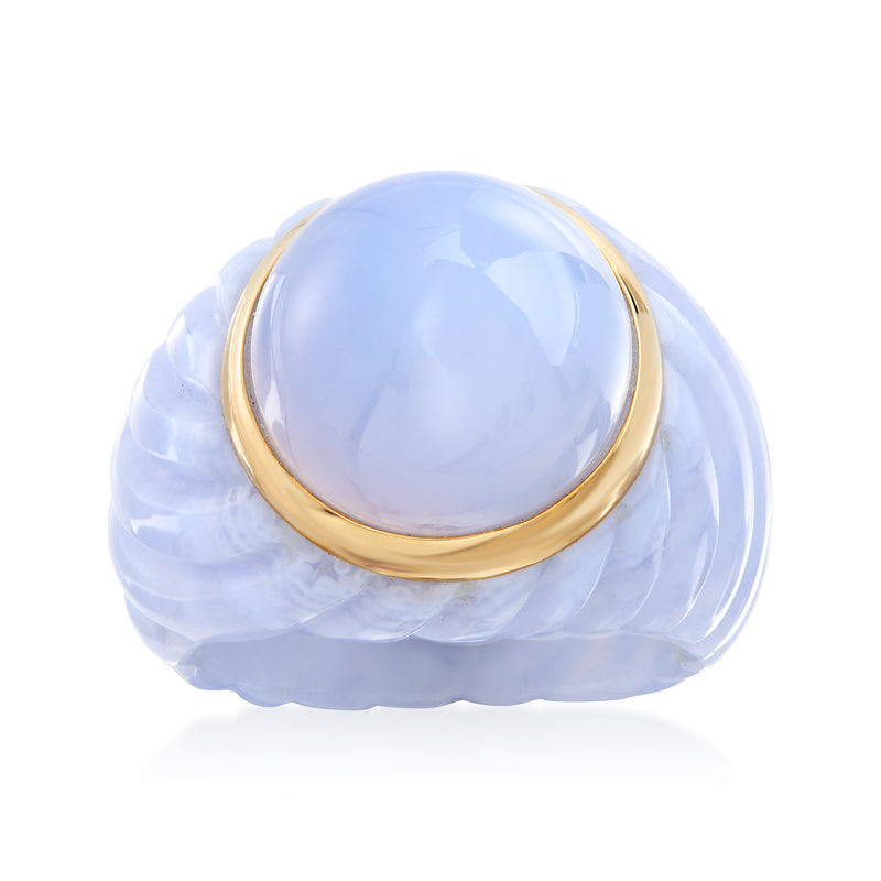 14mm blue chalcedony ring with carved blue agate and 14kt yellow gold bezel