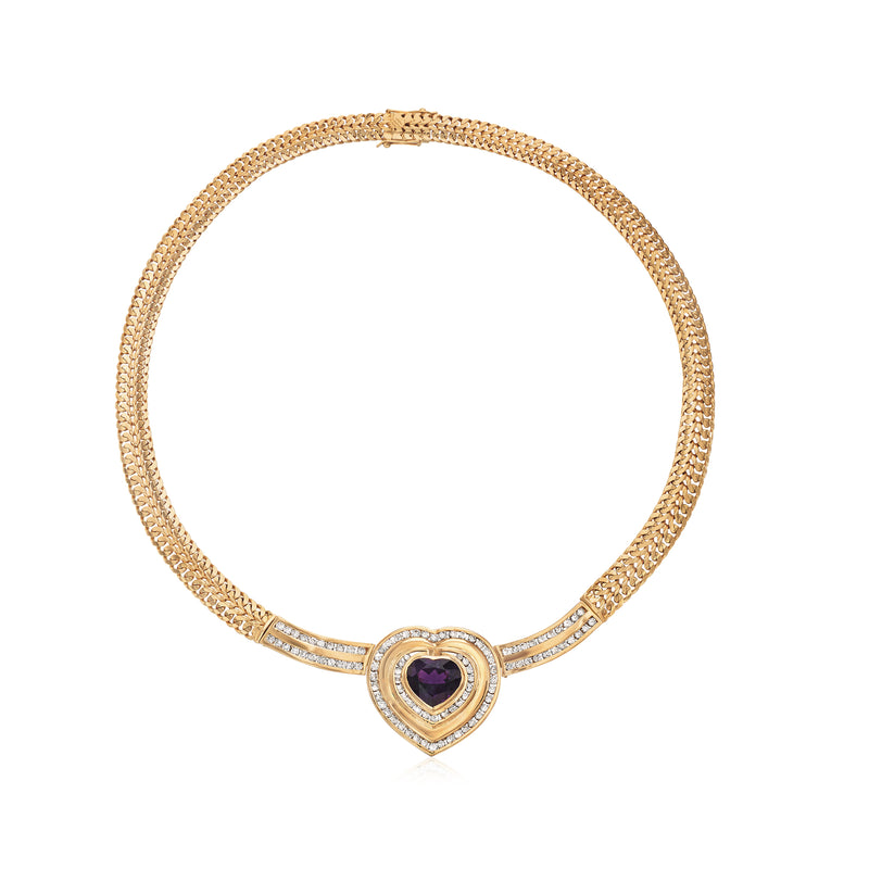 18kt yellow gold necklace with heart-shaped amethyst center and diamond halo
