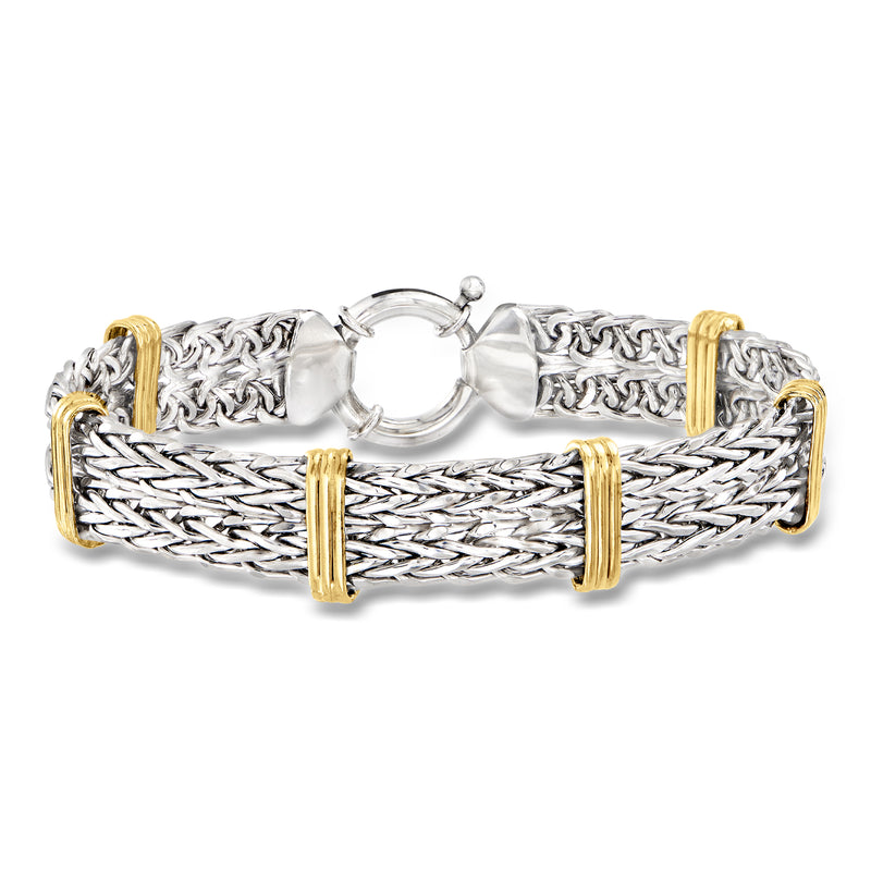 Wheat-link sterling silver bracelet with gold bar accents and hinged clasp