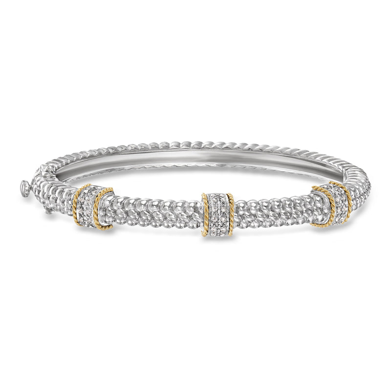 Sterling silver diamond station bangle bracelet with yellow gold accents and hinged fit