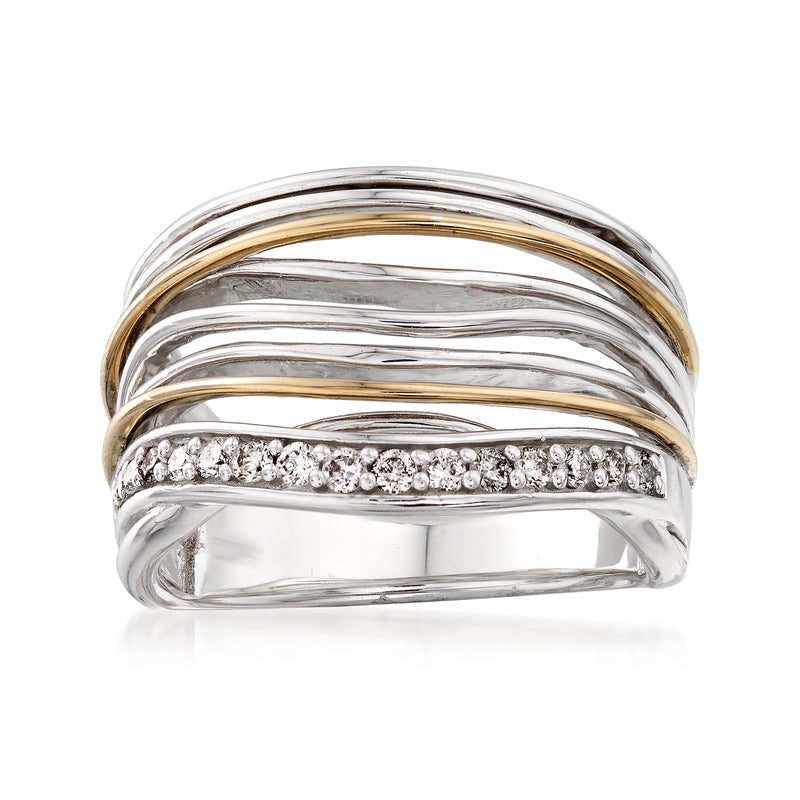 Multi-row wavy diamond ring, sterling silver with 14kt yellow gold accents