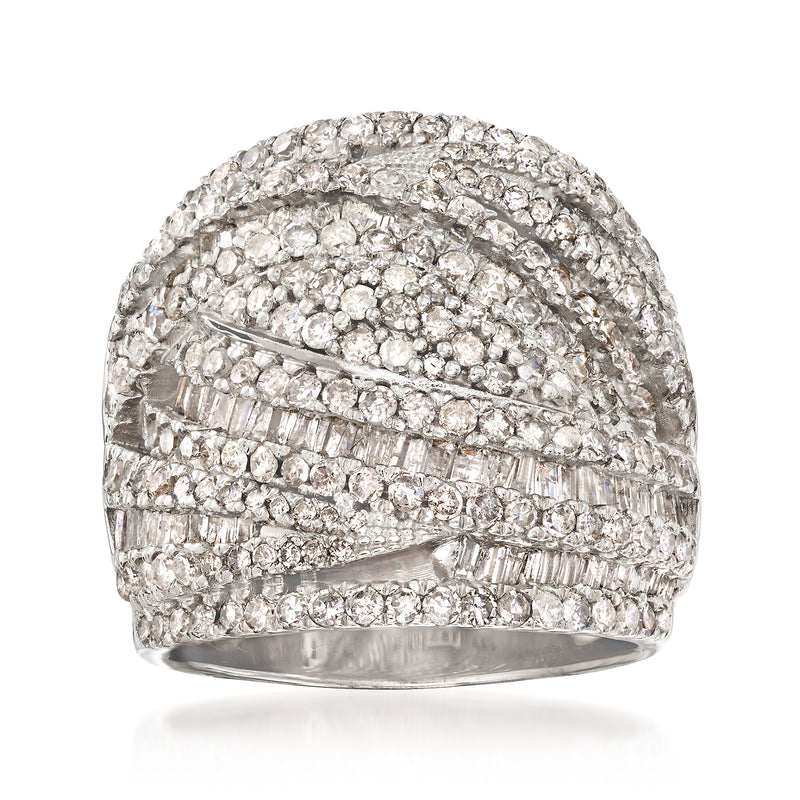 Sterling silver diamond multi-row ring with round and baguette stones